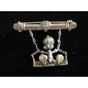 Sterling Silver Tweety Bird‎ Pin Marcasite Swing Cute Sylvester Cartoon WB Birds
